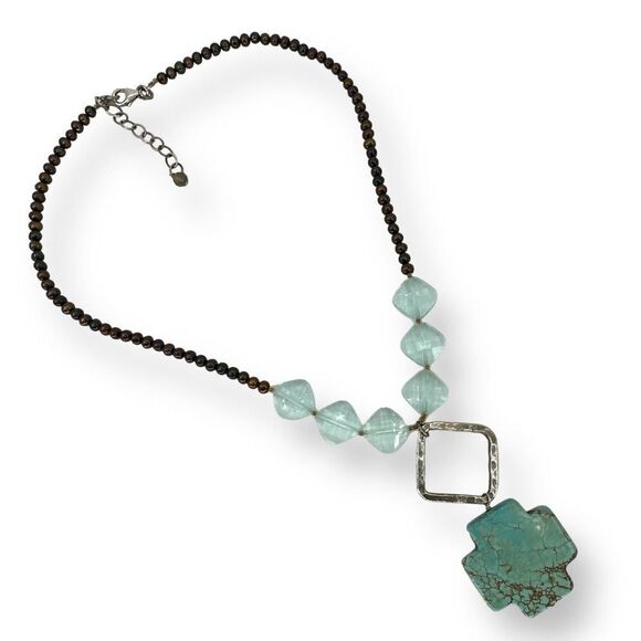 Pearl Cross Faux Turquoise Necklace .925 Sterling Silver - Picture 5 of 7